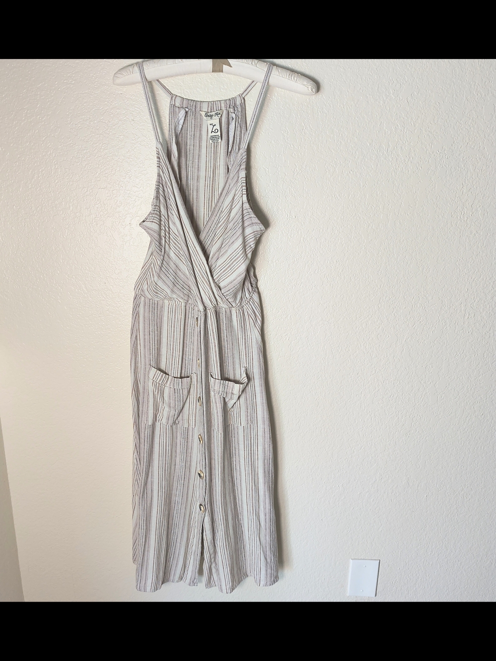 Indigo Rein Beige Striped Button-Front Midi Dress